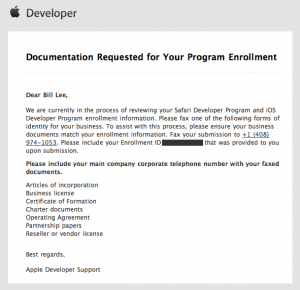 Apple Dev Program company paperwork request